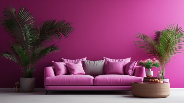 Foto design interno di casa rosa in colori magenta in stile minimalista e barbie