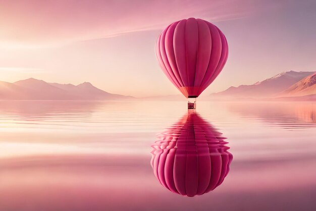 A pink hot air balloon floating on the water with mountains in the background.