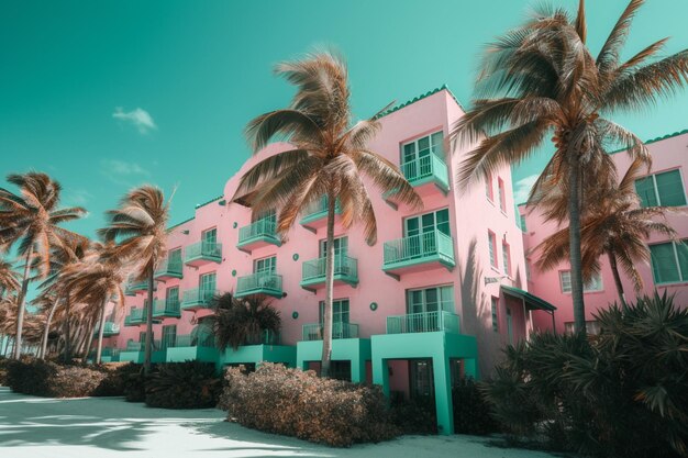 A pink hotel with palm trees in front of it