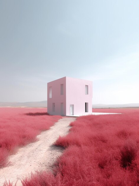 Photo a pink house in a field with a field of red grass in the background.