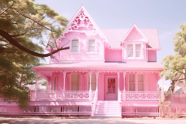 Photo pink house front view pink color pink world ai generated amazing pink home