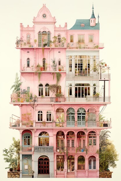 Photo a pink house with a balcony and a balcony with a balcony