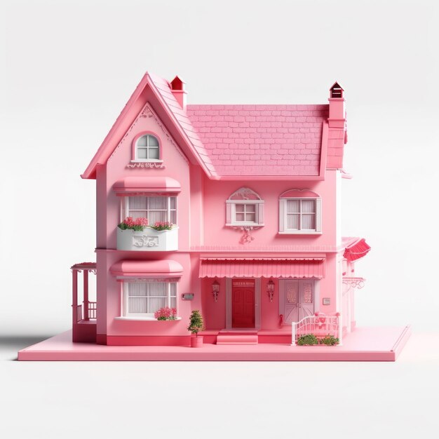 A pink house with a balcony and a balcony with a sign that says " i love you ".