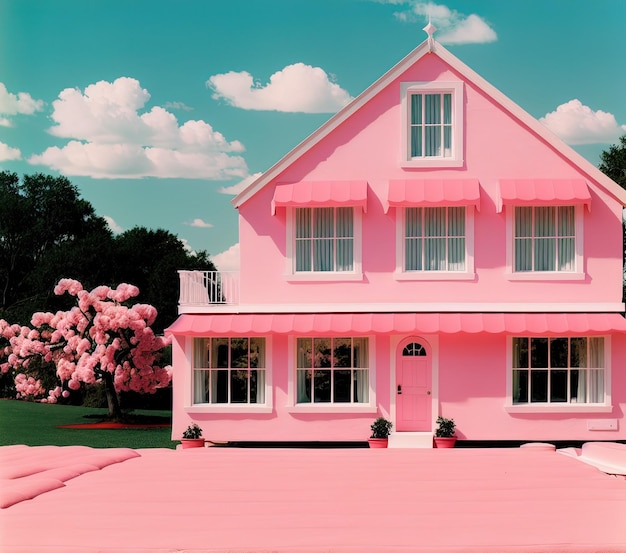 Photo pink house with beautiful window in a garden with a white wall