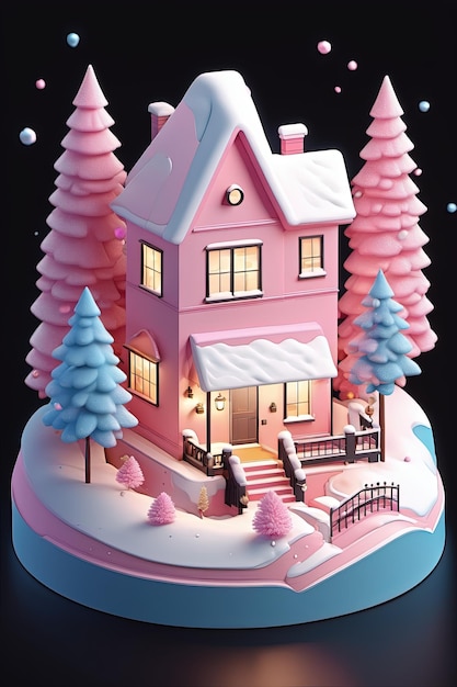 a pink house with a Christmas tree style 3D isometric