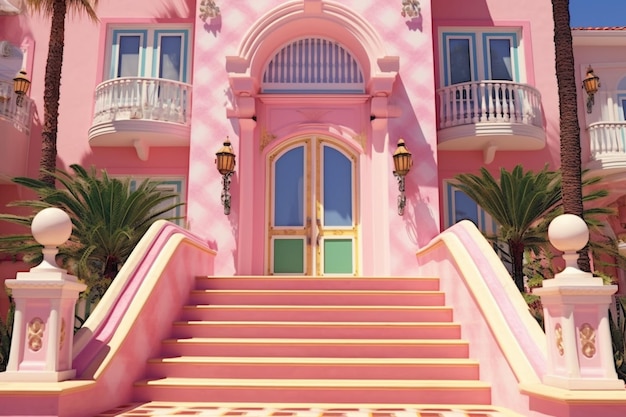 A pink house with a double door and a balcony