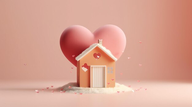 A pink house with a heart shaped hole in the middle