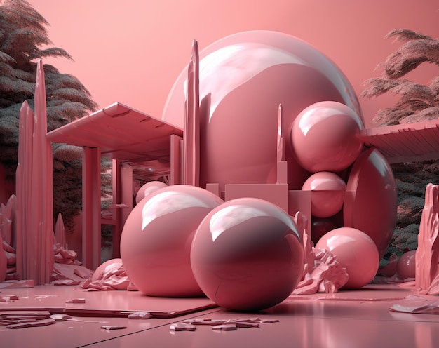 A pink house with a pink background and a pink building with a large number of balls.