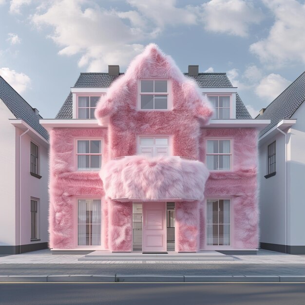 a pink house with a pink house on the front and a pink house with a pink roof