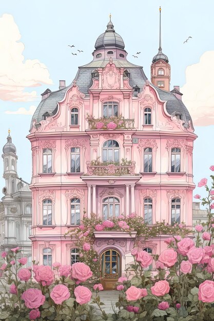 a pink house with a pink house on the top