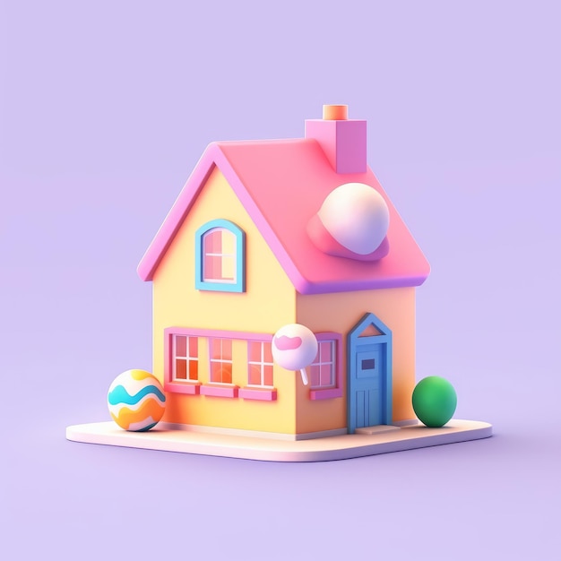 A pink house with a pink roof and a blue ball on the front