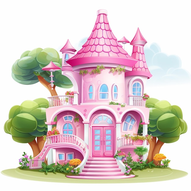 핑크색 지붕과 핑크 색 지붕이 있는 분홍색 집.