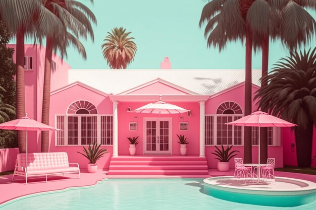 A pink house with a pool in the background