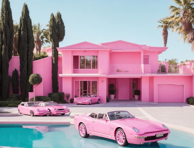 Pink house with a pool and convertible cars and pool