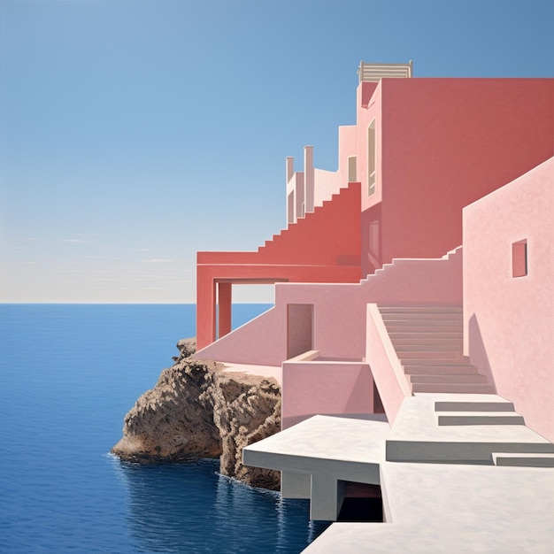 a pink house with a red roof is on the water.