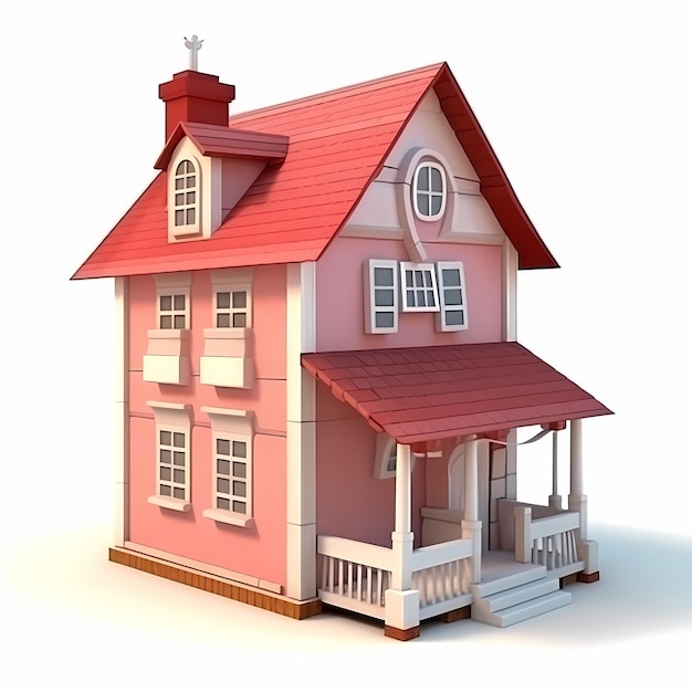 A pink house with a red roof and a red roof.