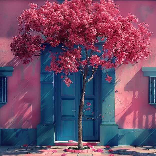 Foto una casa rosa con un albero di fronte