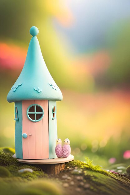 A pink house with two owls on the roof