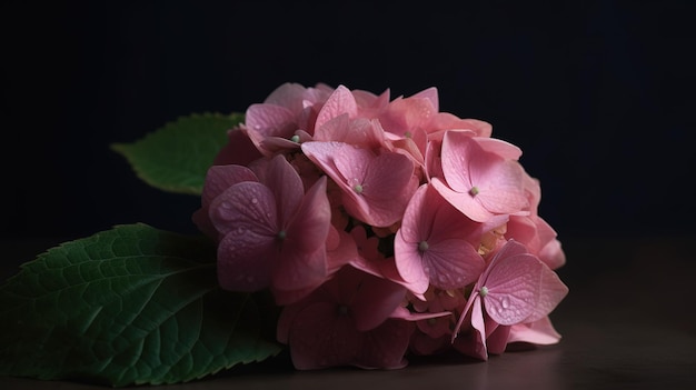 A pink hydrangea flower on a black background