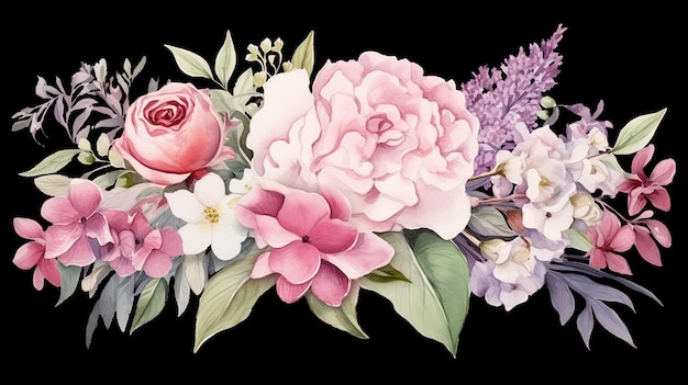 Розовая гортензия, роза, белый пион, ирис, орхидея и листья шалфея