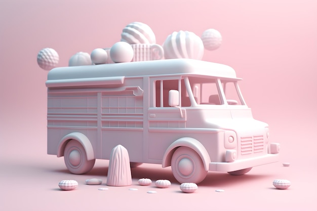 A pink ice cream bus with a lot of balls on it