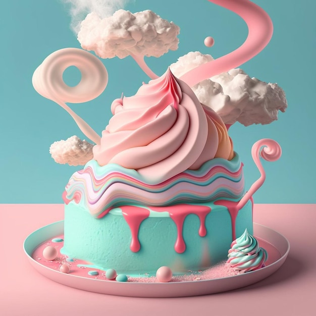 A pink ice cream cake with a cloud in the background.