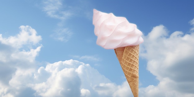 A pink ice cream cone is in the air with a blue sky in the background.