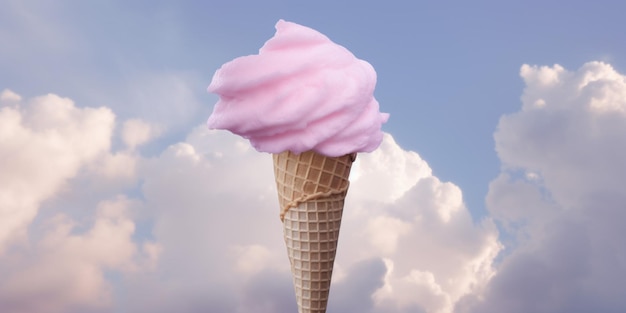 A pink ice cream cone is in the air with a blue sky behind it.