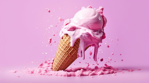 분홍색 아이스크림 콘이 공중으로 떨어지고 있습니다.