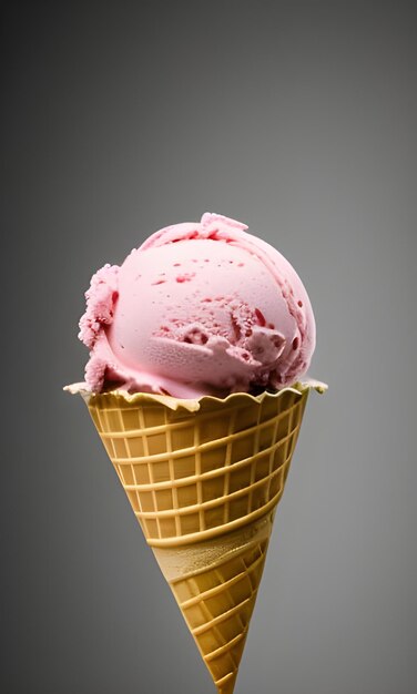 A pink ice cream cone is in a waffle cone.