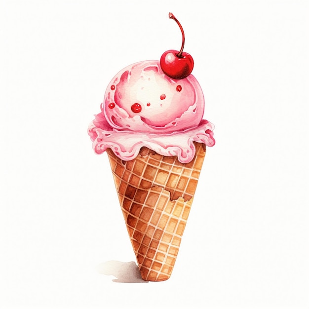a pink ice cream cone with a cherry on top.