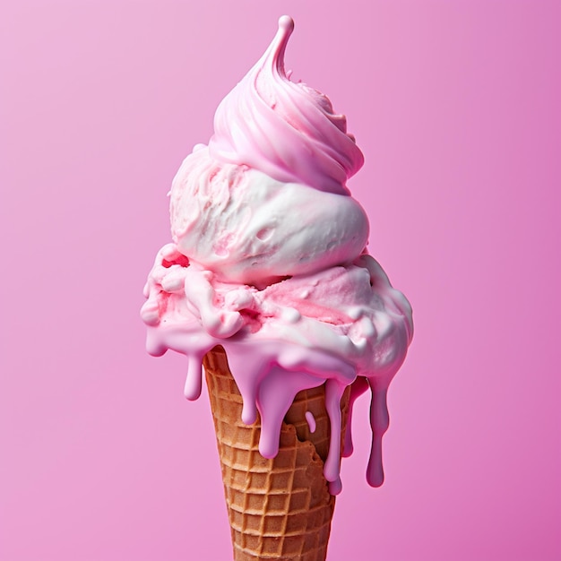 a pink ice cream cone with pink icing and pink icing.