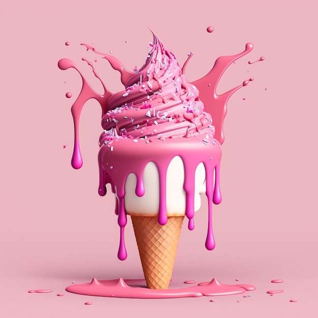 A pink ice cream cone with a pink melting ice cream cone on it.