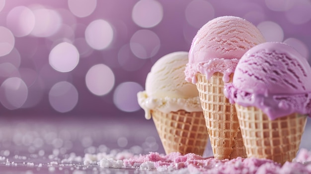 Foto un cono di gelato rosa con sfondo viola