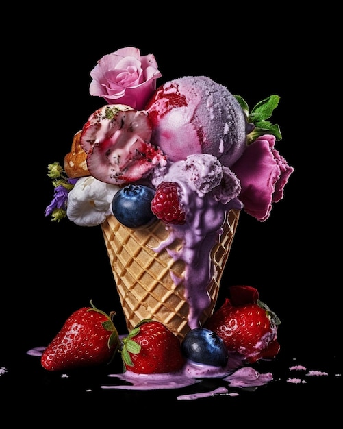 A pink ice cream cone with a purple flower on it and a blueberry sauce on top.