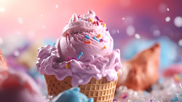 A pink ice cream cone with a rainbow background