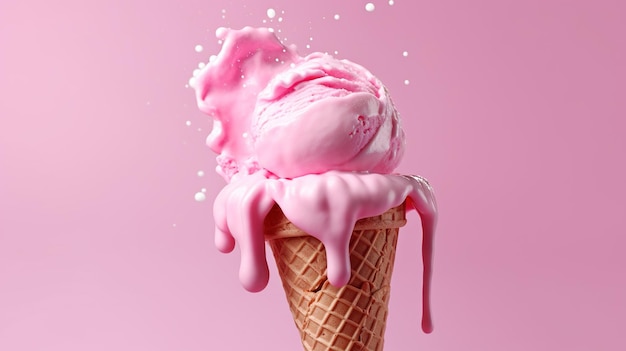 A pink ice cream cone with a splash of liquid on it.