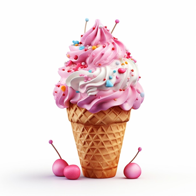 Pink Ice Cream Cone With Sprinkles And Cherries