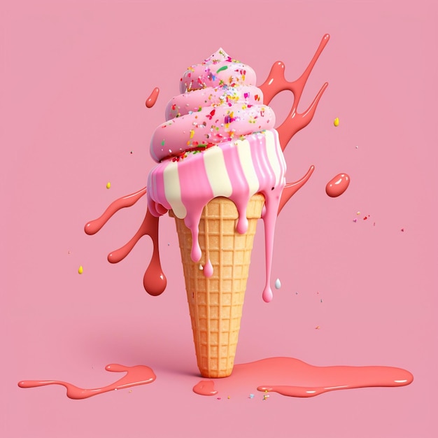 A pink ice cream cone with sprinkles and sprinkles on it.