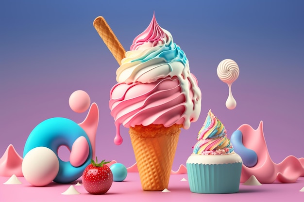 A pink ice cream cone with a strawberry on top.