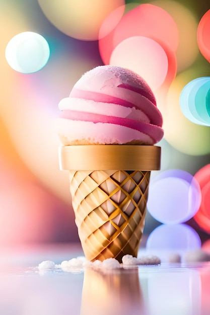 A pink ice cream cone with a white bowl of ice cream on top.