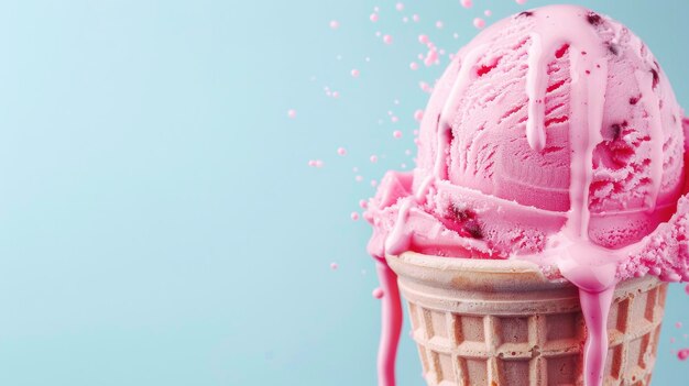 pink ice cream melting on blue background