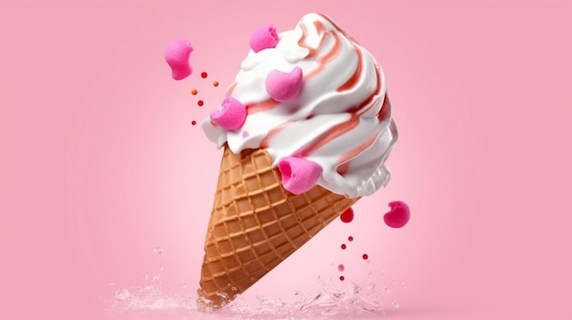 Foto il gelato rosa si sta sciogliendo e si sta riversando dal waffle