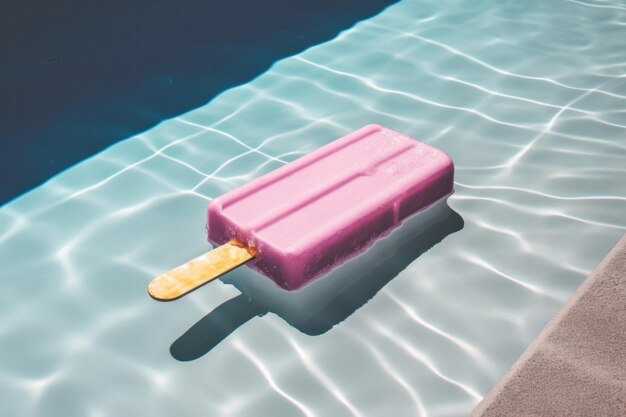 A pink ice cream popsicle is floating in a pool.