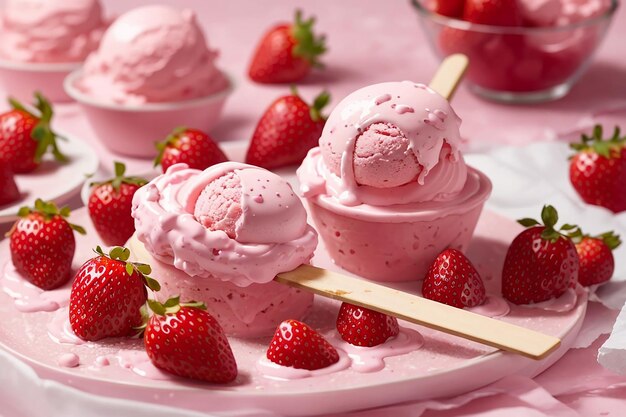 Pink ice cream on sticks and slices of strawberries