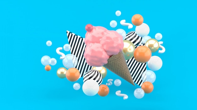 A pink ice cream surrounded by colorful balls on blue. 3d rendering.