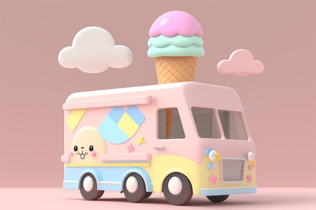 A pink ice cream truck with a cartoon dog on the top.