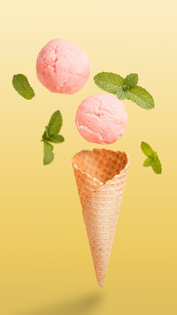 pink ice cream in a waffle cone flying over the table.