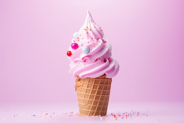 バブルガムの味のワッフルコーンにピンクのアイスクリーム