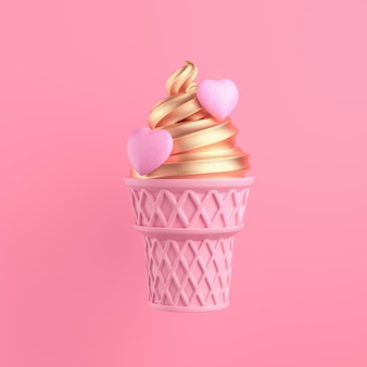 Il gelato rosa con crema d'oro su sfondo rosa 3d rende l'illustrazione